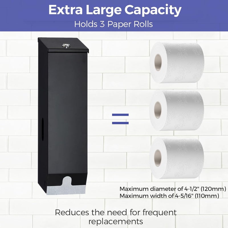 stardrix Triple Roll Commercial Toilet Paper Dispenser, 3 Roll Heavy Duty Stainless Steel Industrial Tissue Holder Wall Mount with Key Lock, Matte Black - Image 2